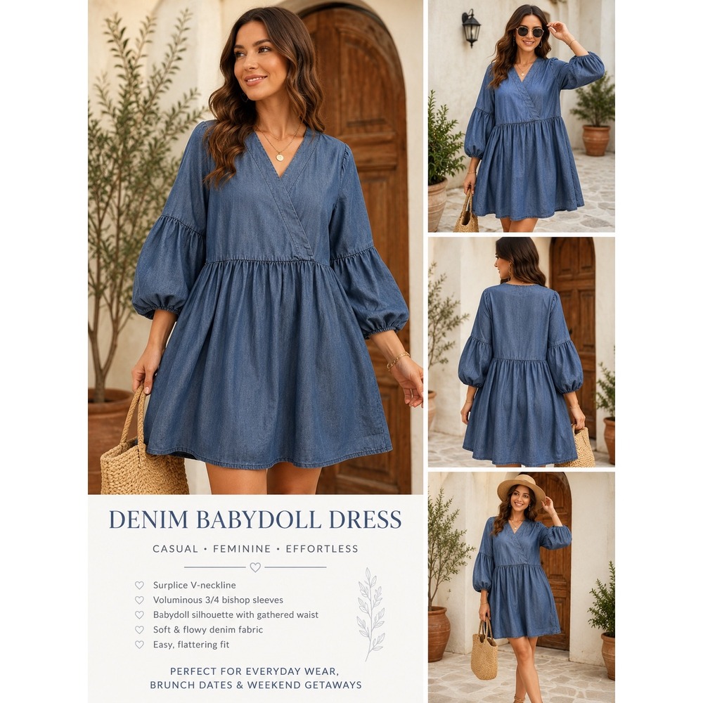 Eloquii Elements Blue Denim Chambray Puff Sleeve Wrap Babydoll Dress 14/16